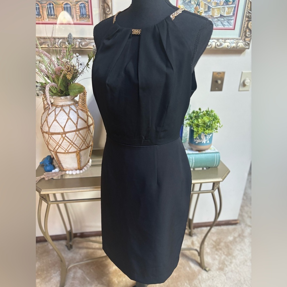 ASHLEY GRAHAM BLACK SLEEVELESS FORMAL GOLD CHAIN HALTER STYLE MIDI DRESS SZ 14 - Picture 8 of 10